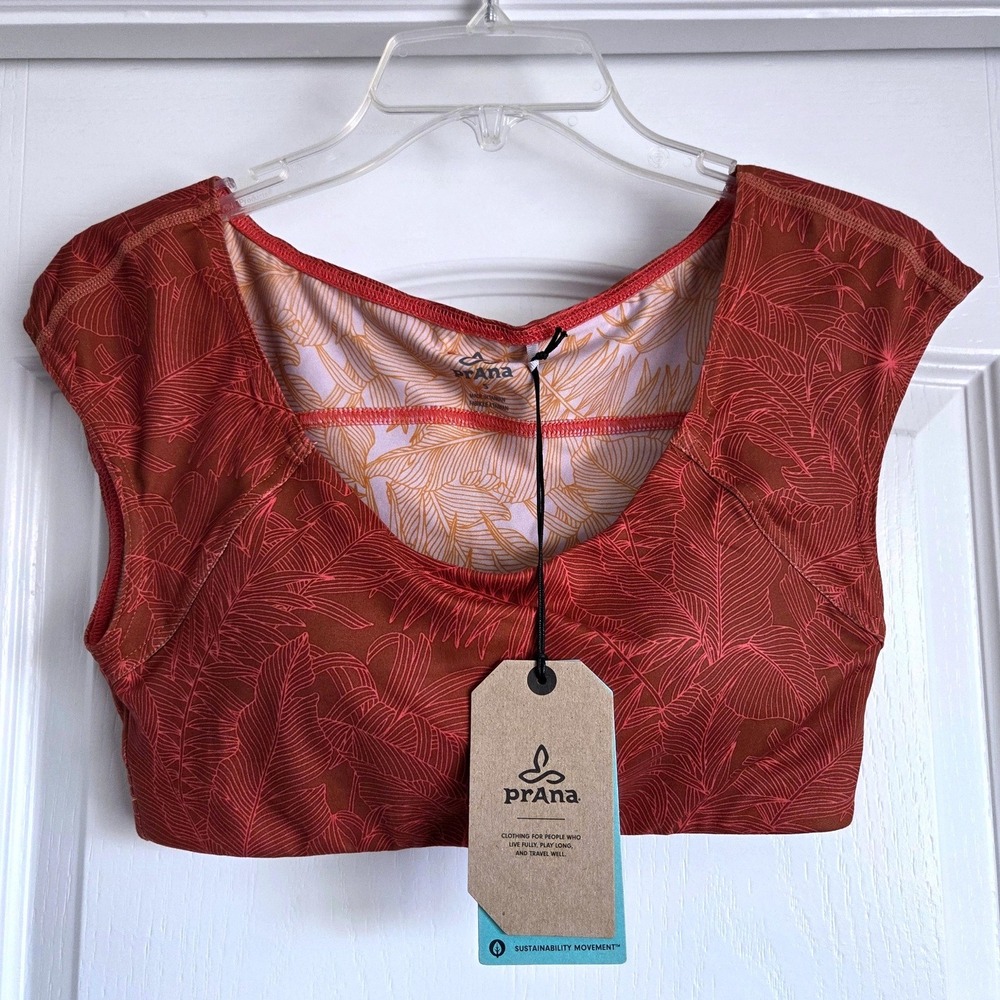 prAna Aprica Bra Copper Fronds Tropical Leaf  Sport Bra Crop Top Sz S Active‎
